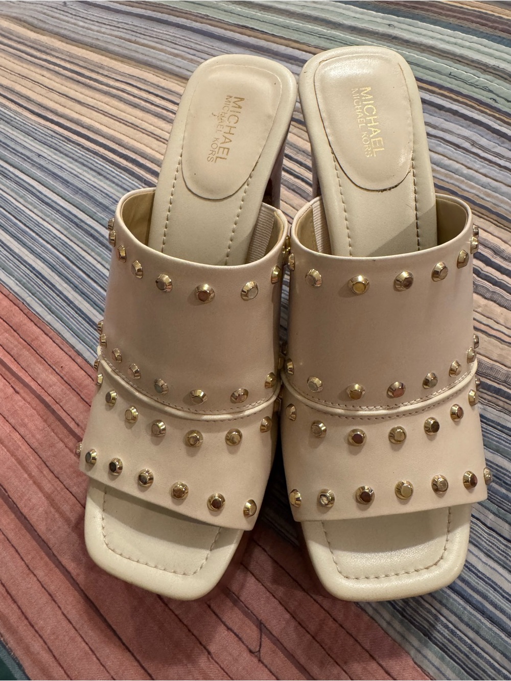 Michael Kors Amelia Cream Gold Studded Platform Mules Heels Size 8 Y2K